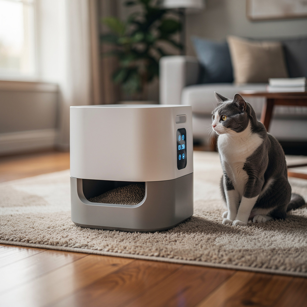 Chat dans une litière automatique avec détecteur de mouvement